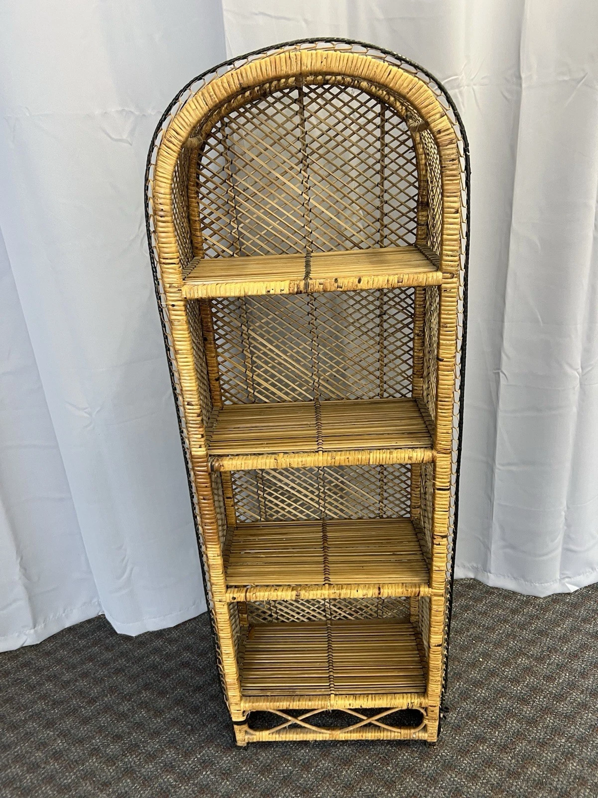Vintage WICKER BOOKSHELF mid century wall unit boo